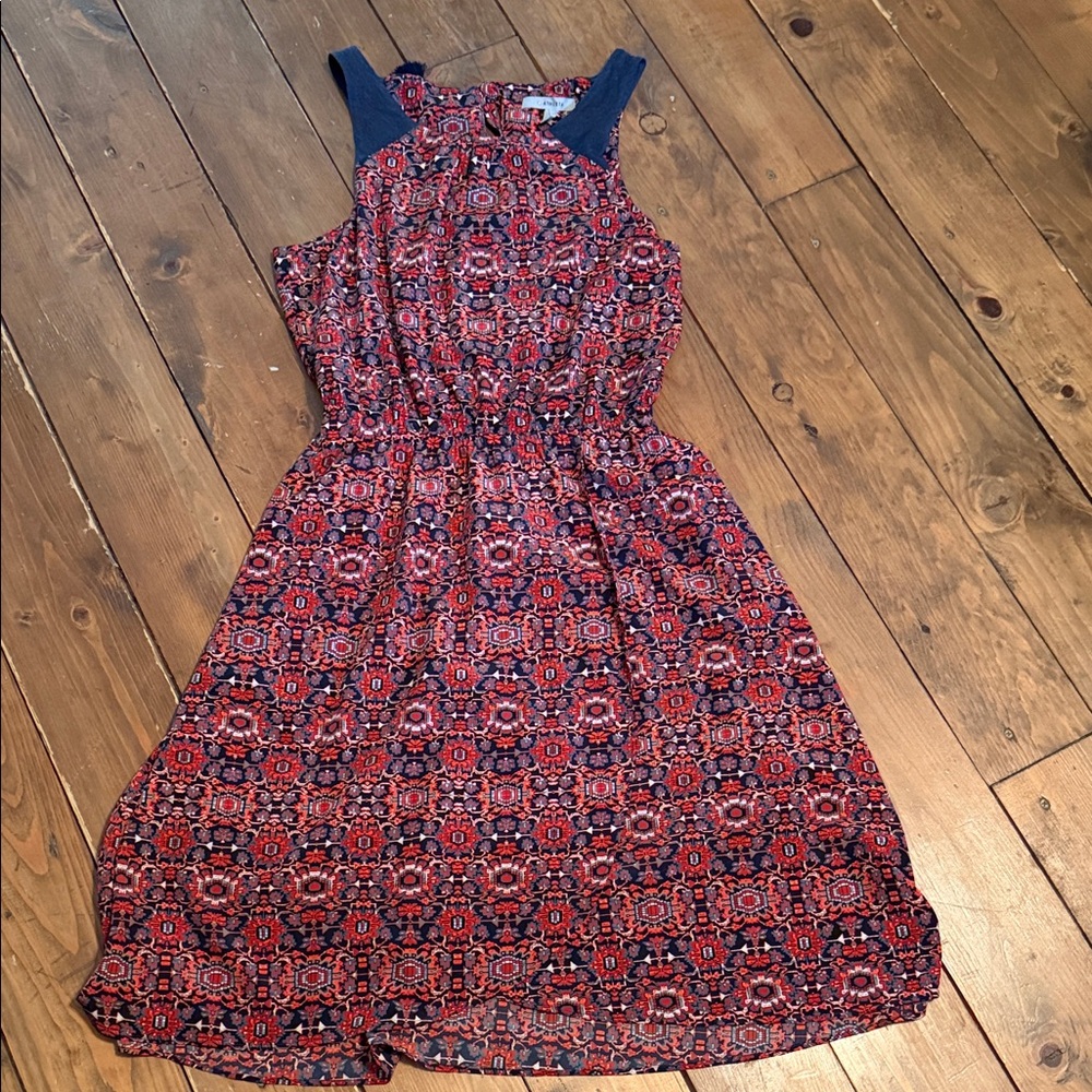 Athleta Red Geometric Midi Dress with Navy Shoulder Panels